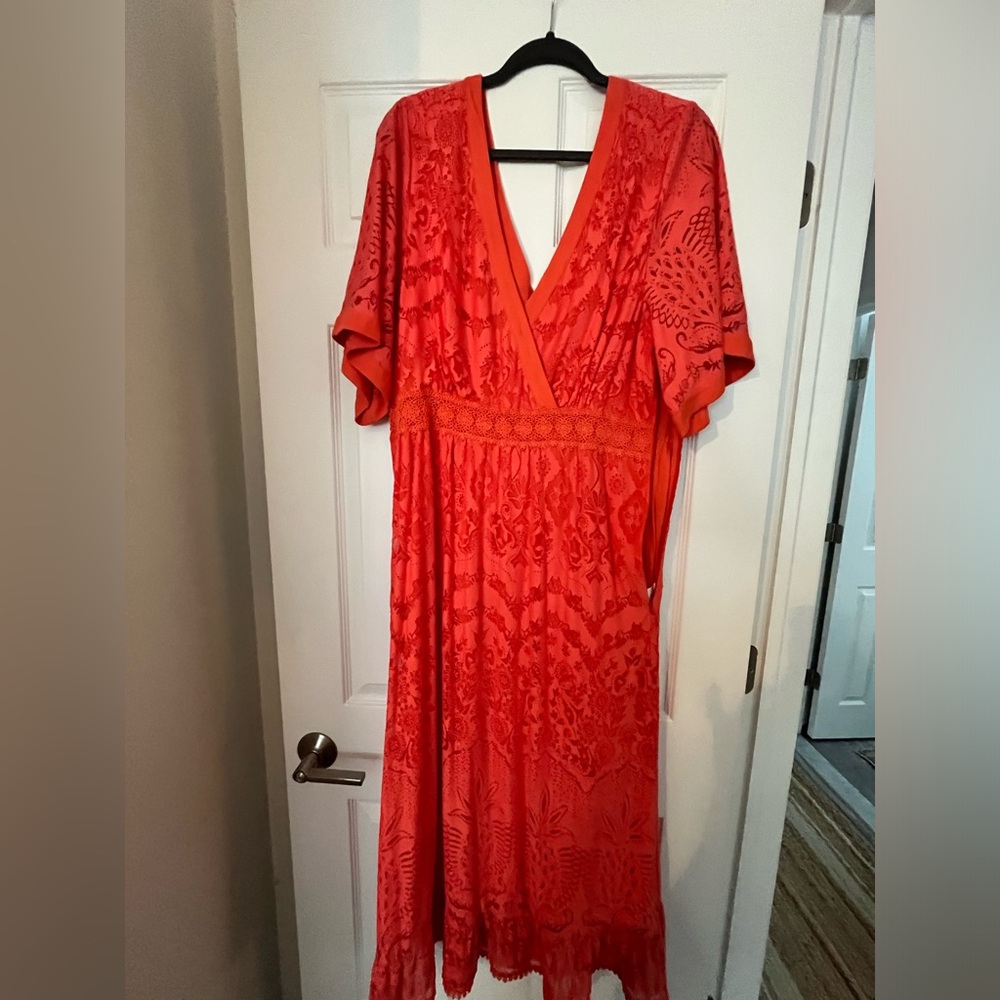 Anthropologie Deep Orange Midi Lace V Neck Dress - Size L